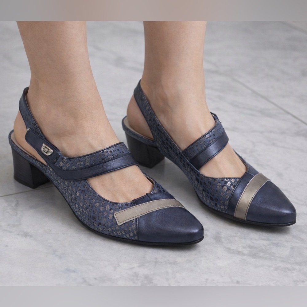 DorKing by Fluchos Leather Slingback Shoes with Stacked Heel Blue & Silver Sz 41